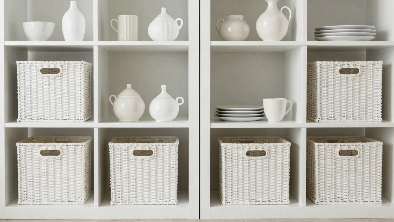 Organized white shelving unit with subtle storage baskets and nea