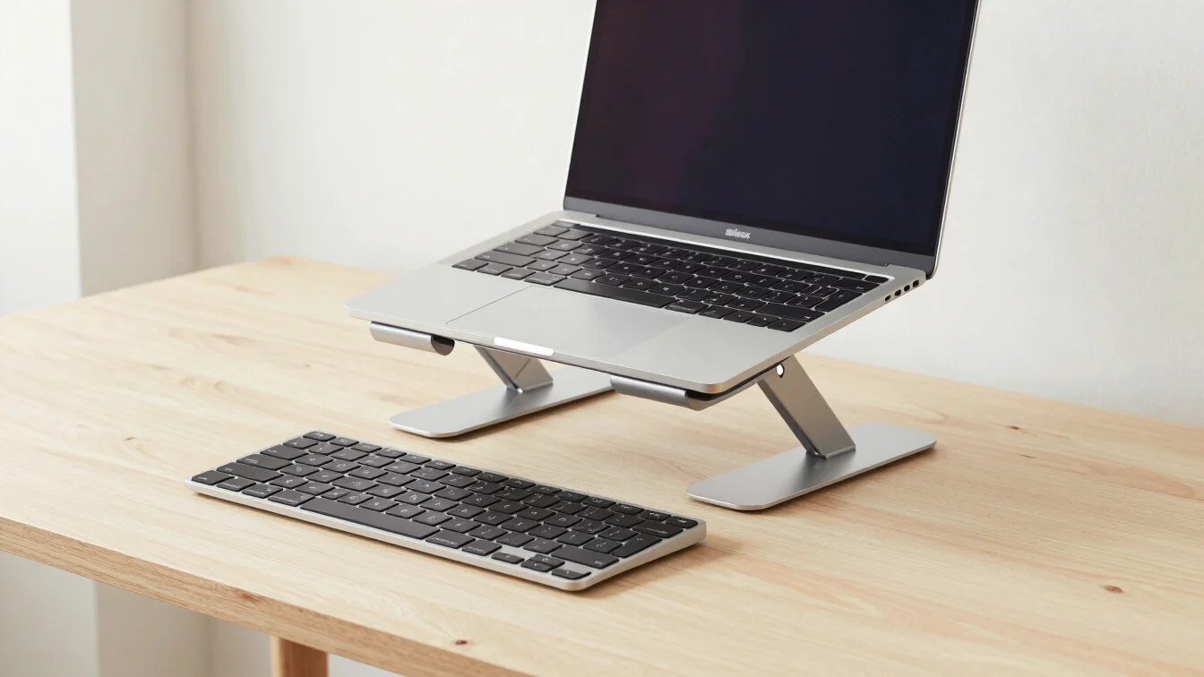 Sleek ergonomic laptop stand and wireless keyboard on a clean lig