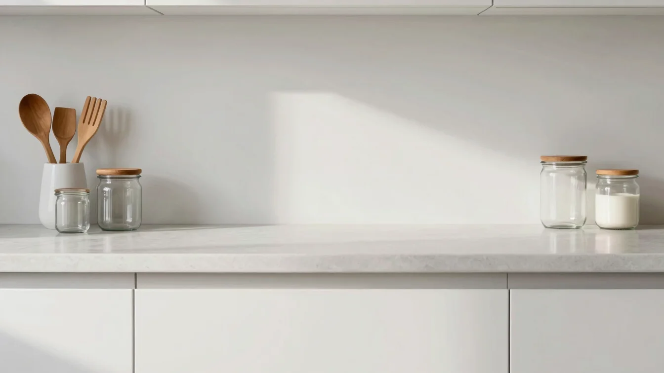 Minimalist kitchen countertop with neat glass jars and wooden ute