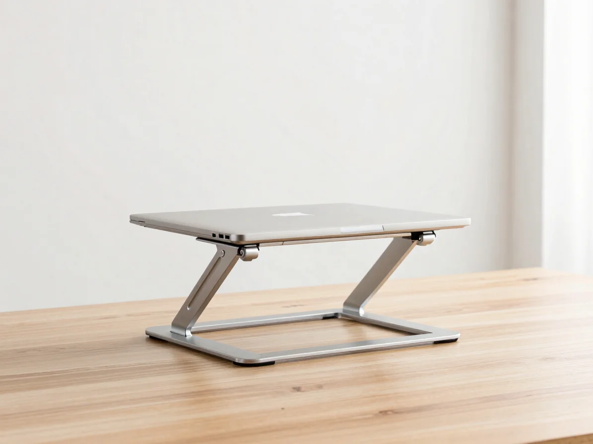 High quality aluminum laptop stand holding a laptop on a clean wo