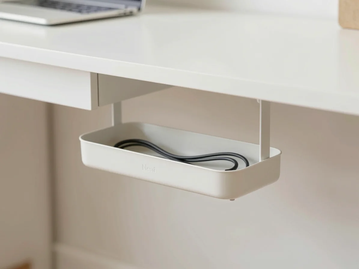 Neat cable organizer tray attached under a bright minimalist desk