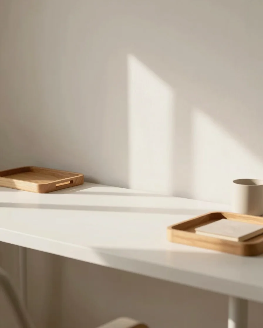 Clean minimalist home office desk with organized wooden trays, wa